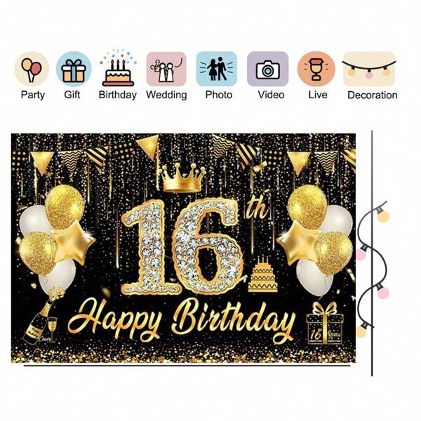 1pc 100*150cm 18th Birthday Party Background Cloth Diamond Numbers Party Decoration Black&Gold Polyester Backdrops Photography Props Anniversary 16th 30th Birthday Party Decoration Supplies