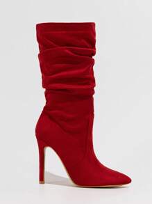 Women Black Pointed Toe Suede Side Zipper High Heel Boots, Wrinkle Versatile Party Mid-Calf Warm Boots For Autumn/Winter,Sexy - Red - View 4