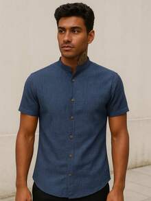Men's Linen T-Shirt With Priest Collar And Buttons, Elegant And Comfortable