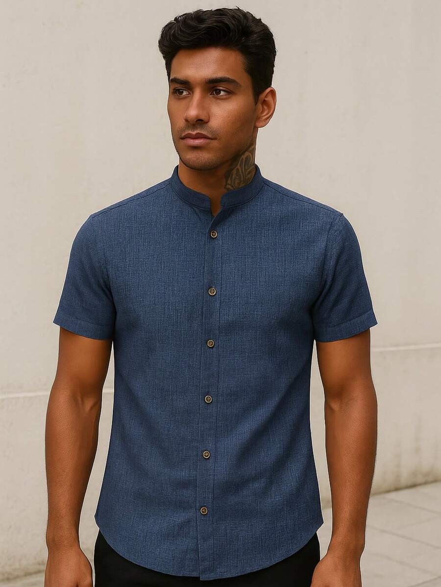 Men's Linen T-Shirt With Priest Collar And Buttons, Elegant And Comfortable