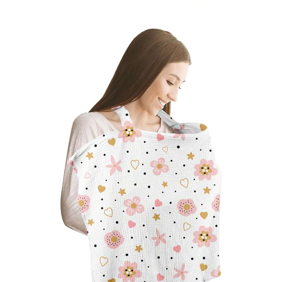 Manta de Maternidad diseño de Rosas y Corazones Cubierta de Lactancia Multifuncional para Mamás 100% Tejida, Transpirable, con Protección de 360°, Ideal para Amamantar, Carriola, Asiento de Auto, Delantal de Privacidad para Recién Nacido y Uso al Aire Libre - Rosa coral - Ver 1
