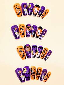 24 件万圣节指甲按压式夜城堡蝙蝠鬼棺材指甲和 1 个指甲锉条 + 1 片果冻胶指甲用品指甲