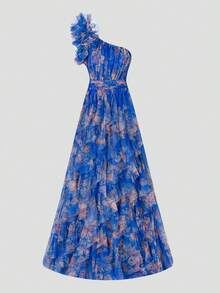 Faeriesty 奢华优雅的长款薄纱礼服，采用单肩设计和多层花卉荷叶边 - 引人注目的落地拖裙，适合奢华的晚间庆典 - 寶藍色 - 查看 9