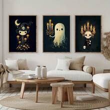 3 piezas Impresión en lienzo de estilo Dark Academia con fantasma a la luz de las velas y esqueleto, pósteres espeluznantes pero lindos de Halloween para decoración de la sala de estudio o juegos, con opción de marco - Multicolor - Ver 4
