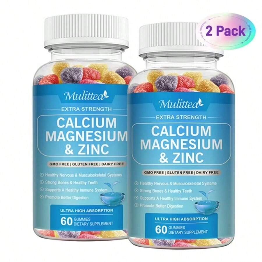 MULITTEA Calcium Magnesium Zinc Gummies | 60pcs | 300mg Ca, 51mg Mg, 7.5mg Zn + 75mcg Vit D3 | Bone Health, Nerve & Immune Support | For Women, Men & Teens | Non-GMO, Gluten/Nut-Free - Two bottles (120 capsules) - 查看 1
