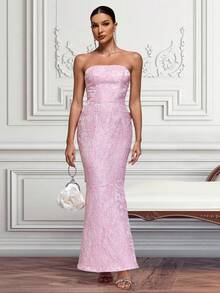 Jacquard Strapless Long Mermaid Dress With Oversized Bow, For Party & Evening Gown - Pink - View 8