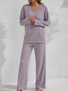 女士秋冬宽松罗纹 V 领长袖上衣和裤子睡衣套装，休闲家居服 - 淡紫色 - 查看 4