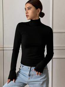 Livesso Plain High Neck Fitted Long Sleeve T-Shirt, Casual & Versatile,Fall Women Clothes - Black - View 2