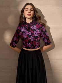 优雅奢华亮片刺绣花卉装饰上衣和 A 字裙女式轻盈两件套