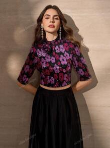 Elegant Luxurious Sequin Embroidered Floral Decor Top And A-Line Skirt Women's Lightweight Two Pieces Set