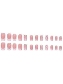24pcs Long Square Colorful Crystal Nail Flower Design French Nails, 1pc Jelly Gel, 1pc Nail File
