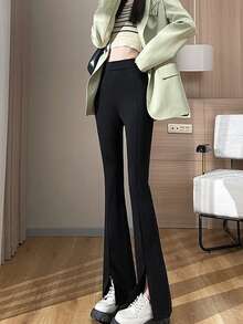 Verano negro micro llamarada abierta pantalones de pierna ancha las mujeres de cintura elástica casual de cintura alta delgada dividida arrastrando pantalones - Negro - Ver 5