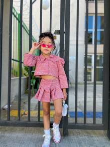 Flor de Lis - Conjunto Infantil Casaco Cropped e Short-Saia Tweed Rosa - Luxo e Estilo