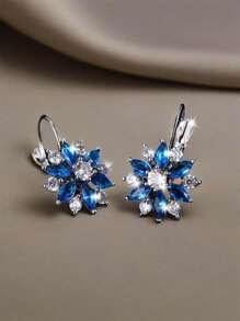 1 Pair Charming Blue Floral Pattern Women Clip On Earrings, Lightweight & Comfortable Design For All-Season Outfits Accessories