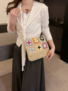 度假沙滩包，大容量通勤单肩包，小众设计休闲百搭简约时尚斜挎包，2025年新款流行女士手提包，编织纹理撞色设计，舒适面料，拉链开合，可调节可拆卸肩带，宽敞，时尚春夏手提包