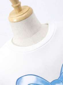 青少年女孩蝴蝶结图案印花圆领长袖上衣和工装口袋牛仔裤 - 白色 - 查看 3