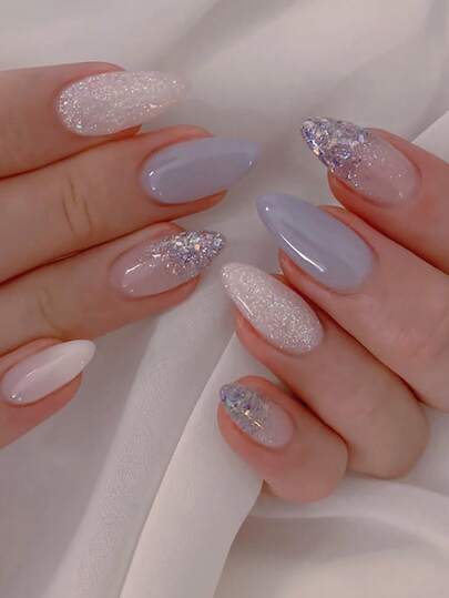 24 uñas postizas de forma de almendra larga, diseño transparente con brillo azul, incluye 1 gel y 1 lima de uñas, adecuado para fiestas, baile y uso diario, suministros de uñas removibles y reutilizables