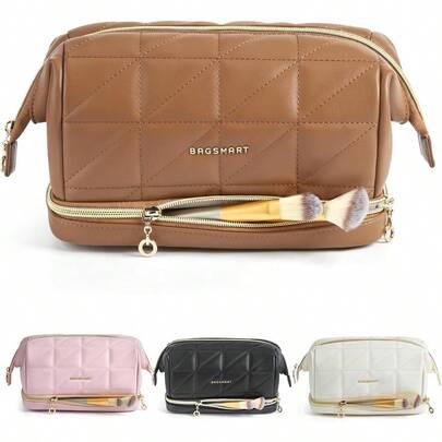 PZWBAGSMART Bolsa De Maquillaje De Viaje Para Cosmeticos Bolsas De Maquillaje Hinchadas Para Mujeres Estuche Organizador De Maquillaje De Doble Capa Marron EleganteGS8101
