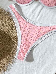 Bikinx Summer Beach Mesh Sexy Underwire Bikini Set, Contrast Color Swimwear - Pink - View 3