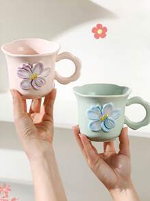 1 件 13.38 盎司花卉图案陶瓷杯（带咖啡勺），大容量独特创意陶瓷杯，情侣杯，优质早餐牛奶杯，家用水/咖啡杯，节日礼物 - 彩色 - 查看 2