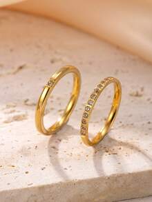 2 件奢华不锈钢戒指，含 1 颗钻石和 16 颗钻石，钛钢首饰，适合女性日常佩戴 - 金色 - 查看 2