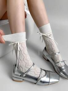 1双女士蝴蝶结薄款中筒袜，芭蕾洛丽塔小腿袜 - 彩色 - 查看 2