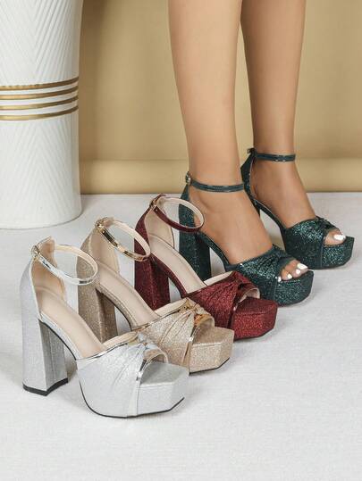 Sexy Sequin Stilettos - Ankle Strap Open Toe Platform Sandals, Thick Heel Fashion High Heels Suitable For Party And Nightclub Wear