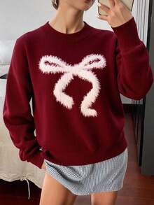 Livesso New Arrival Autumn Plush Bow Knitted Sweater For Women Christmas - Burgundy - View 2