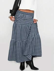 1 件格子条纹休闲褶皱荷叶边/荷叶边下摆女式半身裙，适合所有季节日常穿着 - 彩色 - 查看 3