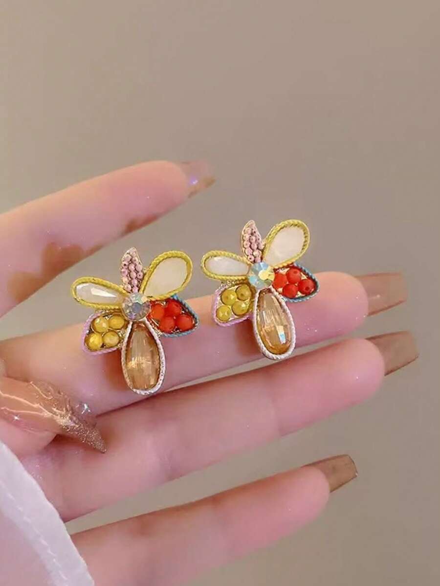 1 Pair Alloy Faux Jade Bead Flower Stud Earrings, Gift For Ladies For Parties And Dates