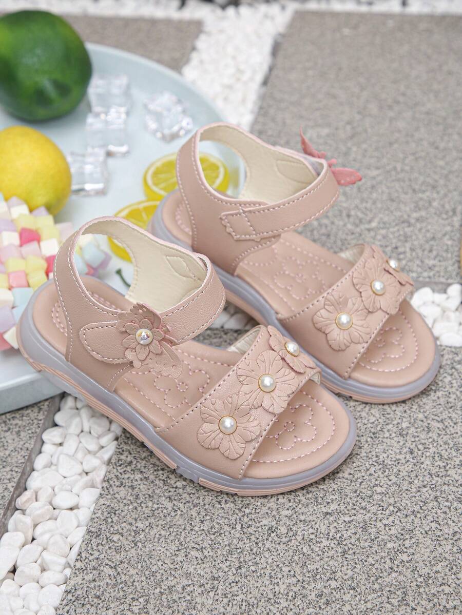 1 Pasang Sandal Kasual Musim Panas Anak Perempuan, Model Terbuka, dengan Hiasan Bunga dan Mutiara, Perekat Velcro, Sol Lembut, dan Datar - Dusty Pink - View 1