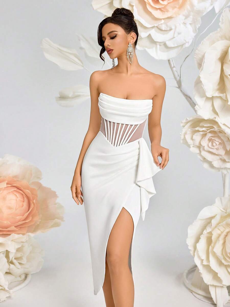 ADYCE 优雅无肩带镂空莲叶缎带前开衩露背中长礼服，适合舞会、生日派对、晚宴、约会、返校节派对、婚礼宾客、鸡尾酒会、家庭聚会等场合。