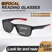 1pc Fashion Grey Tint Bifocal Reading Glasses, Bifocal Lens For Near & Far Vision, Ultra-Light Frame With Non-Slip Leg Design & Contrasting Color Accents, Comfortable Casual Bifocal Glasses For Men - Black and Red - View 1