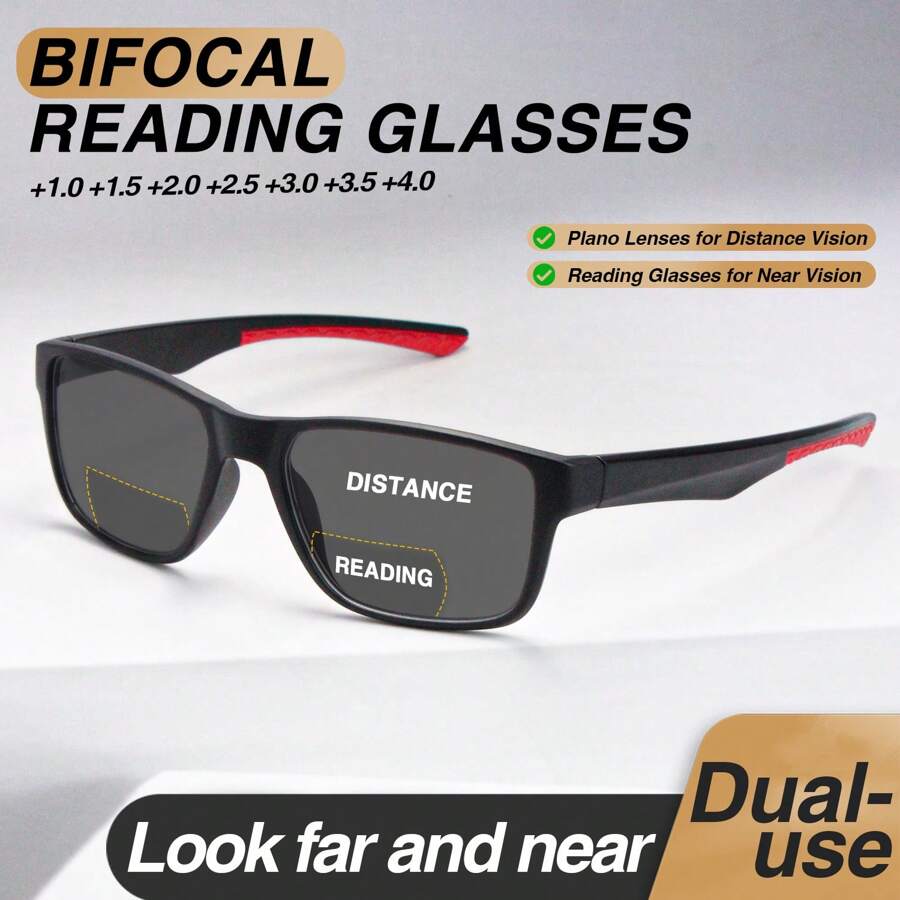 1pc Fashion Grey Tint Bifocal Reading Glasses, Bifocal Lens For Near & Far Vision, Ultra-Light Frame With Non-Slip Leg Design & Contrasting Color Accents, Comfortable Casual Bifocal Glasses For Men - Black and Red - View 1