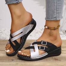 [Fashionable Summer Slippers] Summer Fashionable Women's Slippers - Comfortable And Soft With Thick Soles, Non-Slip Rubber Soles, Stylish Open Toes, Lace-Up Wedge Heels, And A Colorful Striped Design. - 黑銀色 - 查看 3