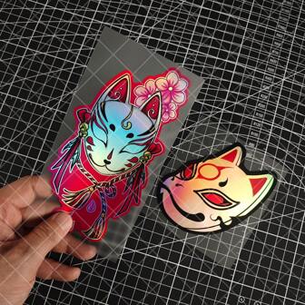 1pc Fox Mask Laser Holographic Vinyl Mythical Mask Sticker - Japanese Kitsune Sakura Noh Theater Art, JDM Style For Car, Motorcycle, Laptop, Skateboard