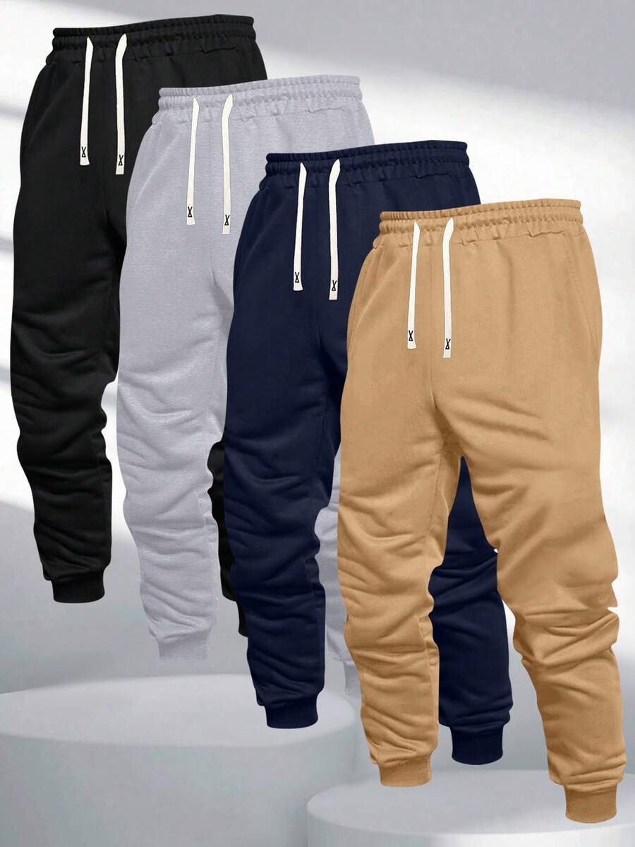 4pcs Men's Solid Color Basic Casual Sweatpants With Pockets And Drawstring Waist, Suitable For Spring, Autumn, Summer Street Fashion, Jogging, Travel, Vacation, Outdoor Commute, And Camping, Ideal Gift For Husband Or Boyfriend - Multicolor - View 1