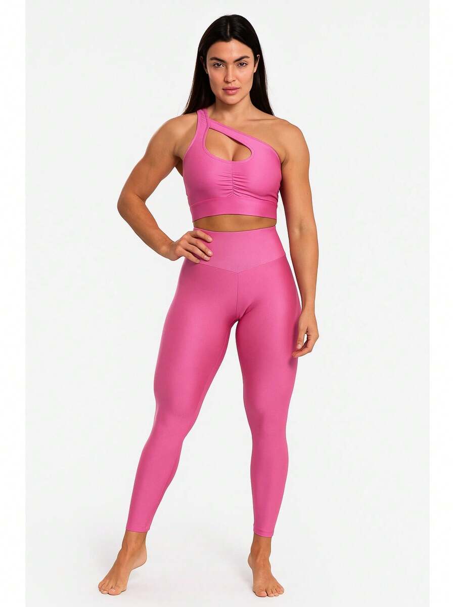 Conjunto feminino de poliamida com top de um ombro só para esportes - Rosa - Visão 1
