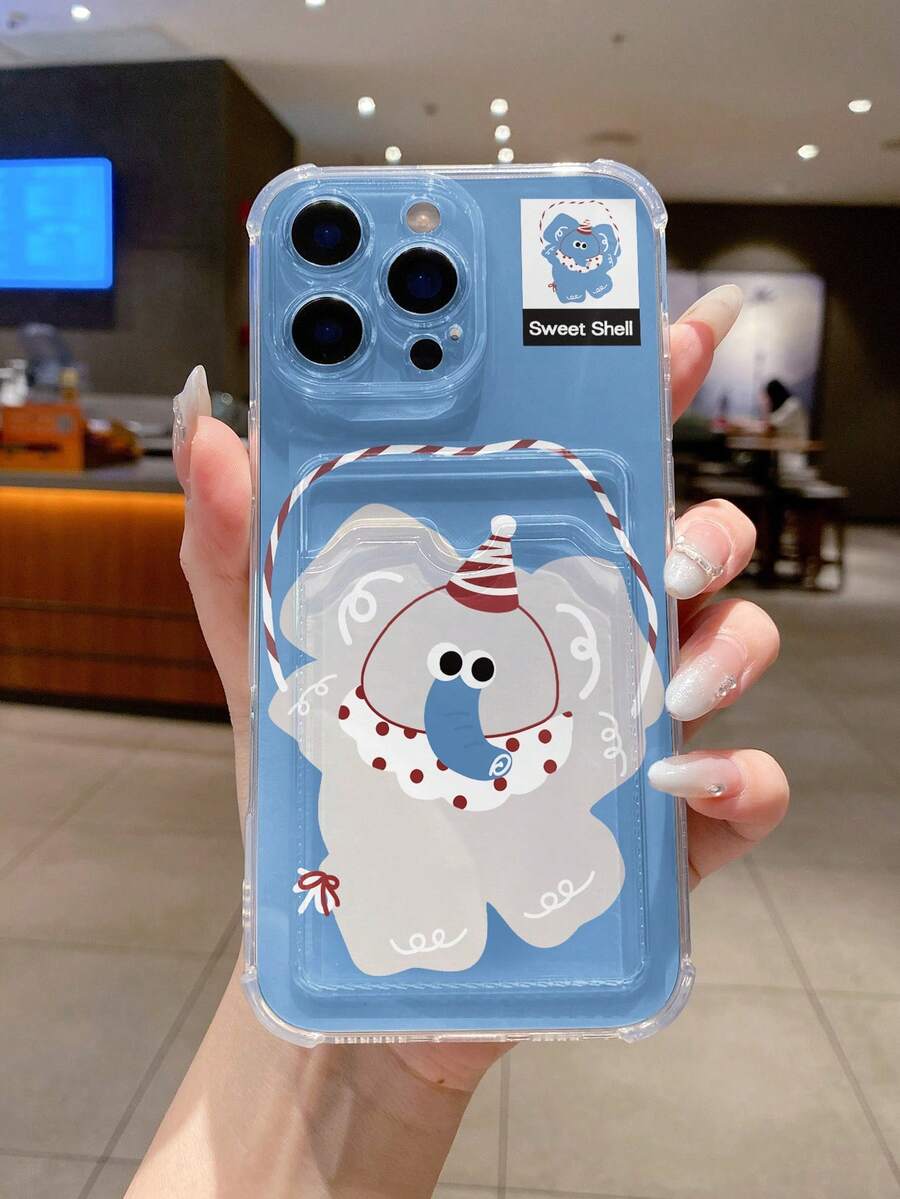 1 pieza Funda de teléfono con bolsillo bordado para tarjeta, diseño de sombrero de cumpleaños con cabeza de animal lindo, compatible con teléfonos Apple