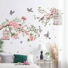 1 Stück Kirschblütenzweig & Vogel Wandaufkleber, Blumen Vogelkäfig Wandtattoo, geeignet für Schlafzimmer, Wohnzimmer, Heimdekoration - Pink - Übersicht 2