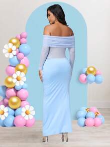 JustVH 孕妇露肩优雅褶饰网眼长裙，适合宝宝派对拍摄