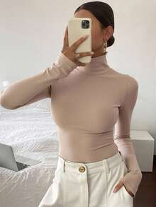 Livesso 女式长袖立领T恤，秋季女装高领衫 - 杏色 - 查看 1