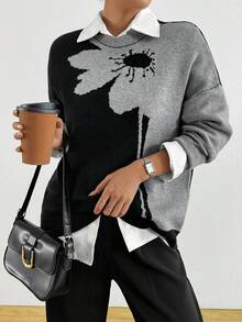 Maglione girocollo lavorato a jacquard con contrasto di colori, taglie comode - nero - Visualizzare 1