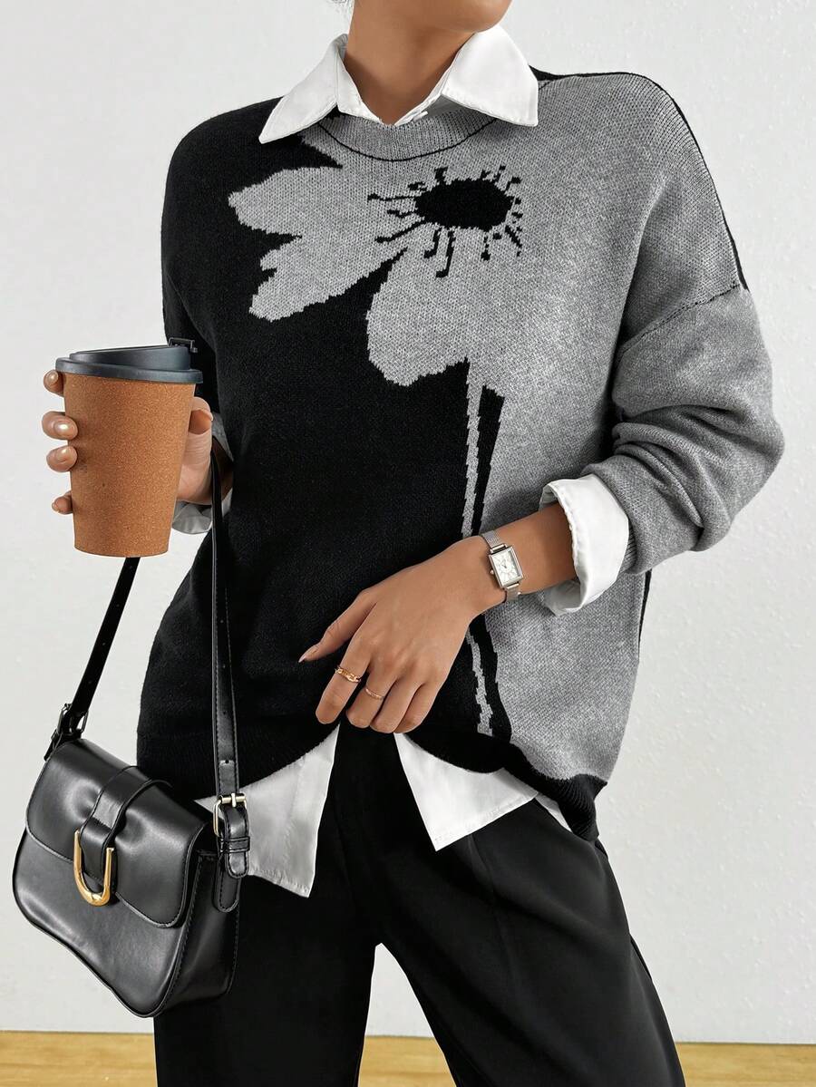 Maglione girocollo lavorato a jacquard con contrasto di colori, taglie comode - nero - Visualizzare 1