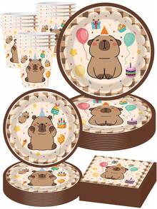 可爱水豚派对一次性餐具套装 - 10 件 9/7 英寸盘子、9 盎司杯子和餐巾，适用于生日、儿童派对、迎婴派对和野餐装饰 - 多色2 - 查看 8