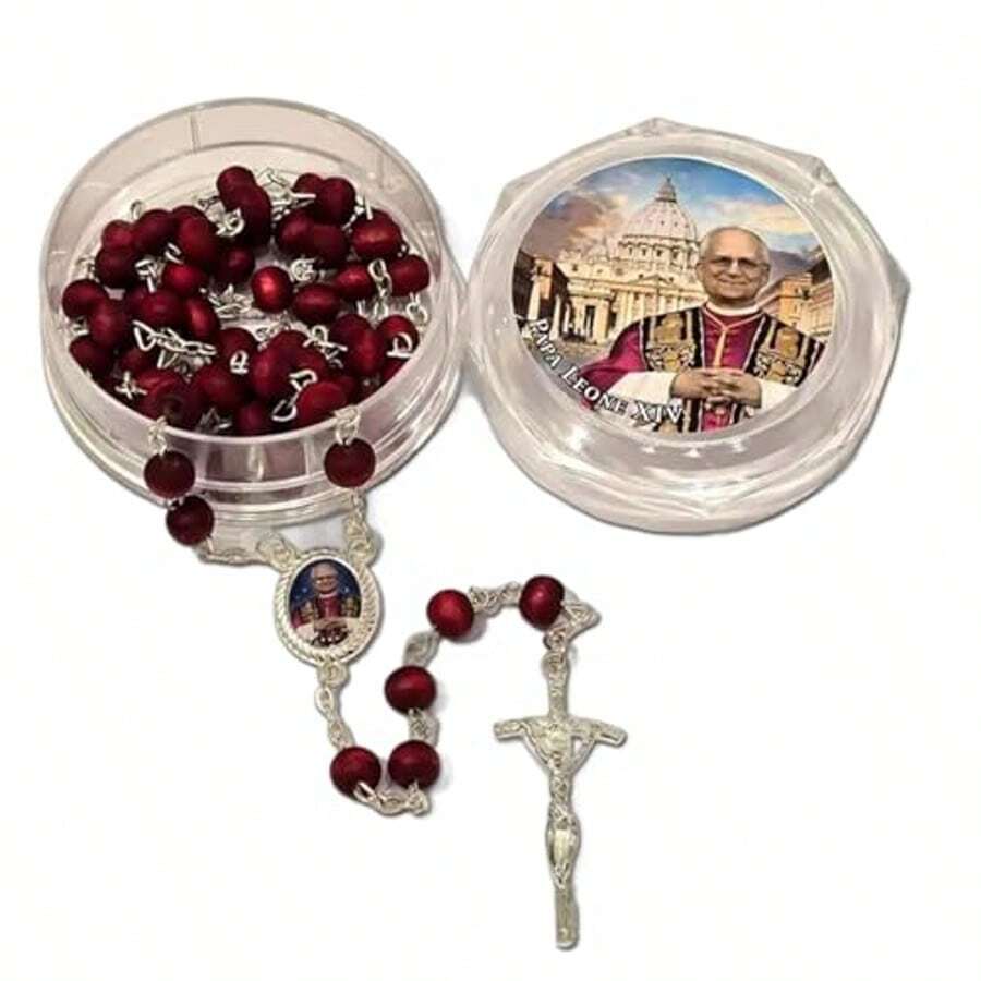 [ 1 件香薰木制念珠礼物 ] 手工木制 59 颗天主教念珠，教皇利奥十四世红玫瑰花瓣香薰念珠，2025 年美国第一任教皇，6 毫米念珠十字架项链，意大利罗马梵蒂冈利奥十四世，洗礼和圣餐派对礼物 - 利奧十四世念珠+盒子 - 查看 1