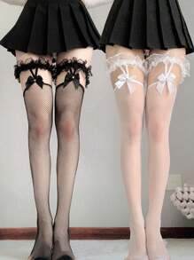 2 双蕾丝上衣渔网袜蝴蝶结吊带大腿袜网眼吊袜带女士长筒袜 - 彩色 - 查看 8