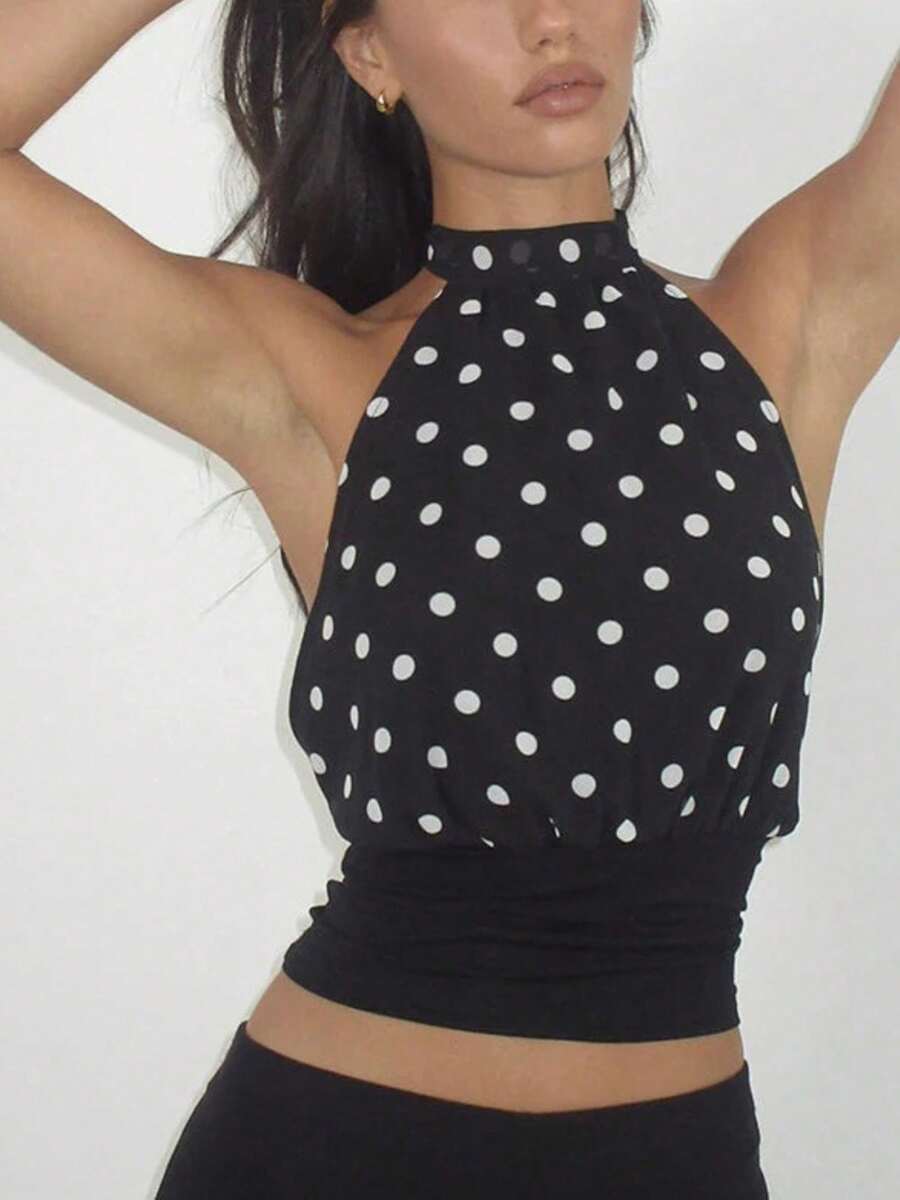 Women's Polka Dot Open Back Halter Tops Y2K Sleeveless Back Tie Slim Fit Crop Tank Tops Summer Backless Vest Camisole Party Club Going Out Tops Streetwear - 黑色 - 查看 1