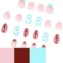 Almond Shaped Press On Nails Short Oval False Nails With Designs Blue White French Tips Glue On Nails Leopard Print Flowers Acrylic Nails Glossy Full Cover Stick On Nails For Women Manicure 24 Pcs2025