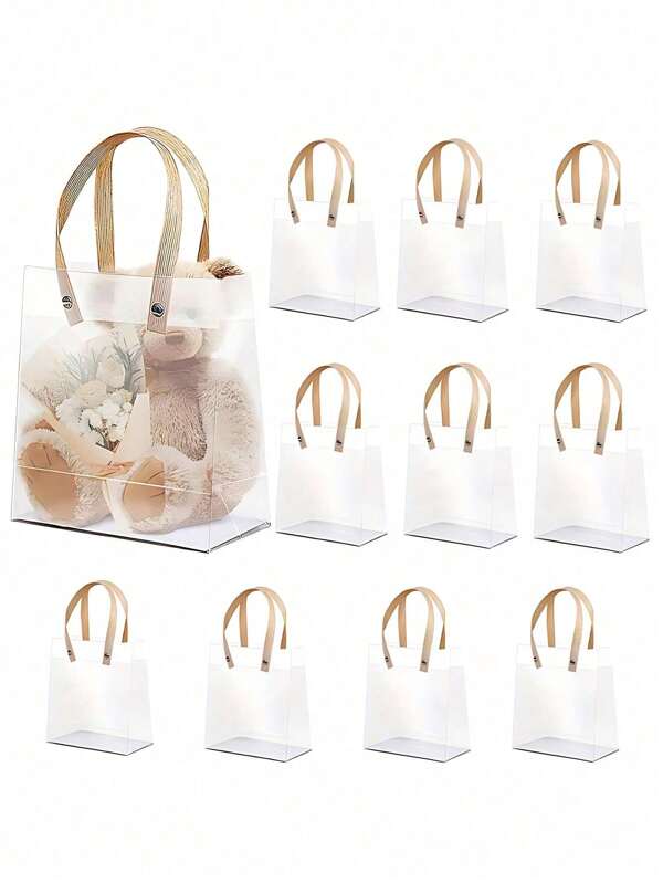 10pcs Transparent Gift Bags With Handles, Plastic Bags With Brown Straw Handles, Clear Frosted Gift Packaging Bags For Valentines, Wedding Parties, Birthday, Mother's Day, Flower Bouquets